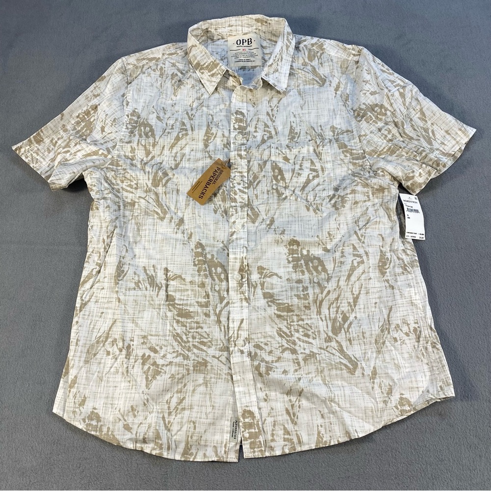 OPB Original Paperbacks Men's Beige& Tan Abstract Short Sleeve ButtonUp Shirt XL